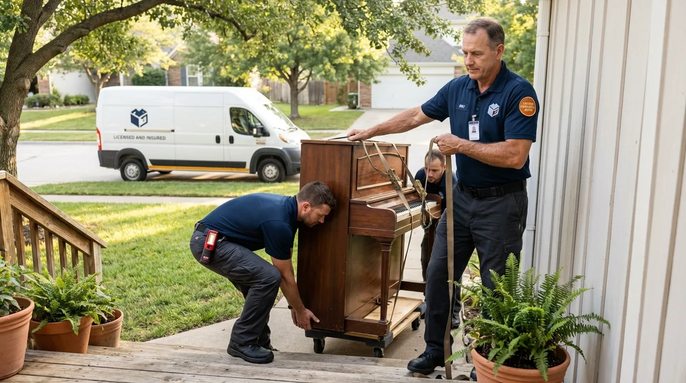 Licensed piano movers securing grand piano in Richmond, CA