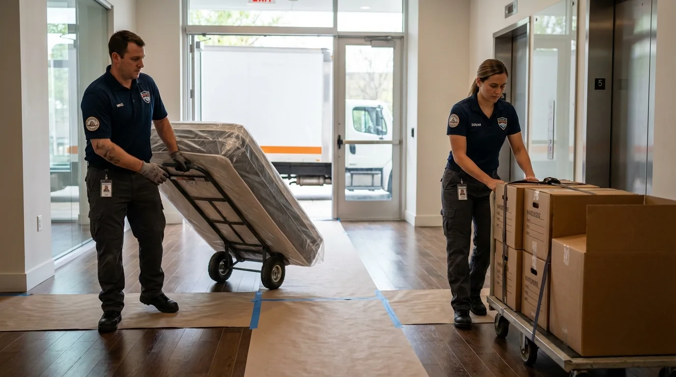Professional apartment movers loading elevator in Richmond, CA